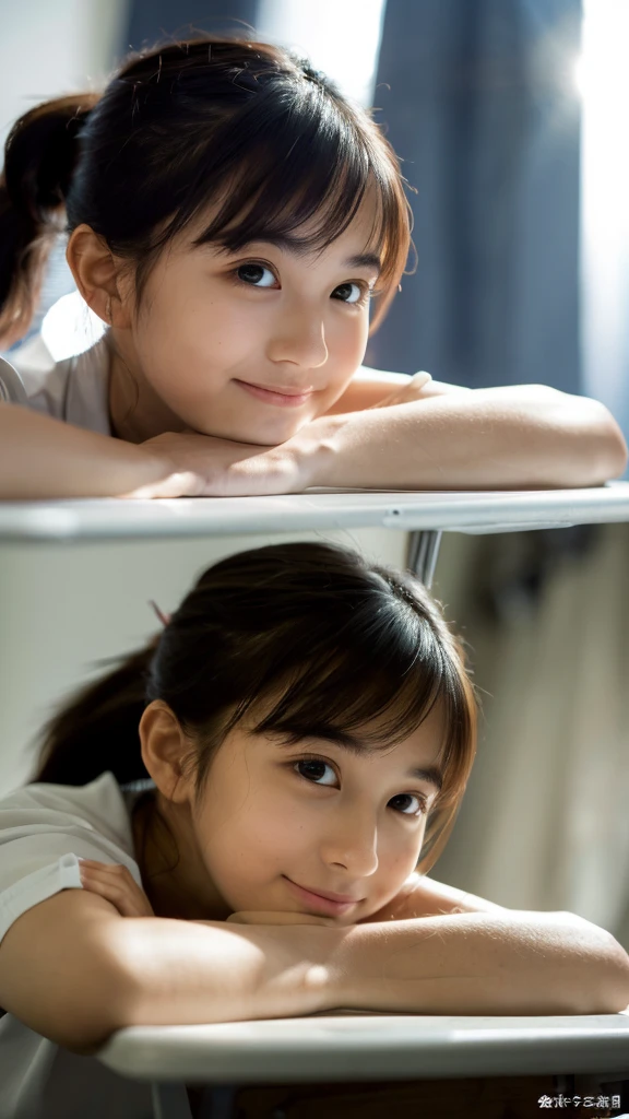 (Highest quality,masterpiece:1.3,Ultra-high resolution),(Very detailed,Caustics,8K),(Realistic:1.4,RAW shooting),(School classroom),(Girl resting her chin on the desk),Sit on a chair,18-year-old,cute,Japanese,Looking into the camera,Black hair ponytail,Sailor suit,(The light coming in from the window illuminates the girl:1.1),(Curtains swaying in the wind),(Bust up shot),(Face Focus),(Face close-up),Low position,Low Angle,Natural light,Smile,