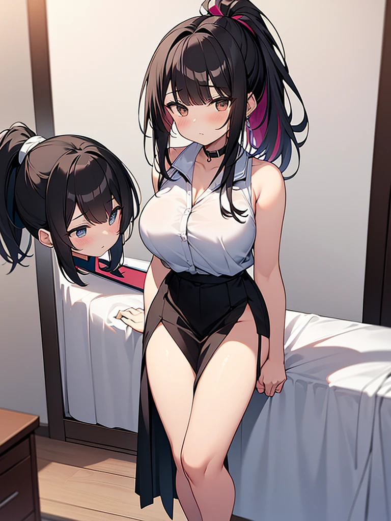 Anime drawing with vivid colors, full body drawing, young wife is a former student council president, one adult woman, shirt wide open, white bra, skirt down, white underwear (White vertical striped sleeveless shirt with collar and black long skirt), (Night Apartment Room Sexy)、 (A regretful look), (Short black hair, ponytail, straight hair, swept-to-the-side bangs:1.9 Slanted eyes Brown eyes Tall Big breasts Strong Beautiful Cute)