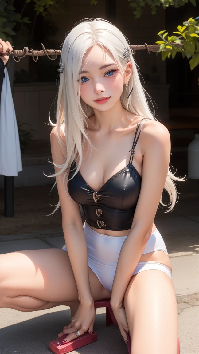 1 girl, Adult women,  Solitary, g0ld3mb, Air, (platinum blonde hair) hair, Ji Qie, (kawaii hair clips:1.2)    high quality, best quality, high resolution, High Detail, (Airen aura magic), hair uplifted, trumpet,Beautiful young white-haired woman，有着锐利的红blue eyes, Half smile，Full lips, Black nails, Barbed wire everywhere(Curled black barbed wire),lue eyes,blue eyes, (different eyes), (Heterochromia)