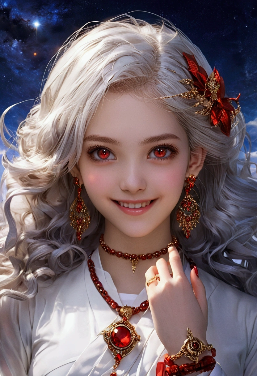 (simple hands:0.5)+(detailed hands:0.7), (masterwork), (best quality), white hair, red eyes,1girl, pale skin, white hair, red eyes, two tone hair, eyelashes, bracelet, jewelry, smile, gleaming skin, shiny hair, detailed and majestic stage, Fantasy, Long Hair, 1 girl, two-tone hair, night sky, Incredibly detailed CG illustration masterpiece, looking at you, anime, beautiful anime eyes, beautiful detailed eyes, eyes, glittering eyes, red eyes, galaxy, nebula, (full body), (curvy),