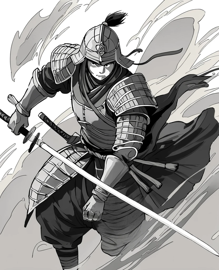 A dynamic depiction of a Japanese armored warrior in black and white with no shading, in the style of a sumi-e painting.