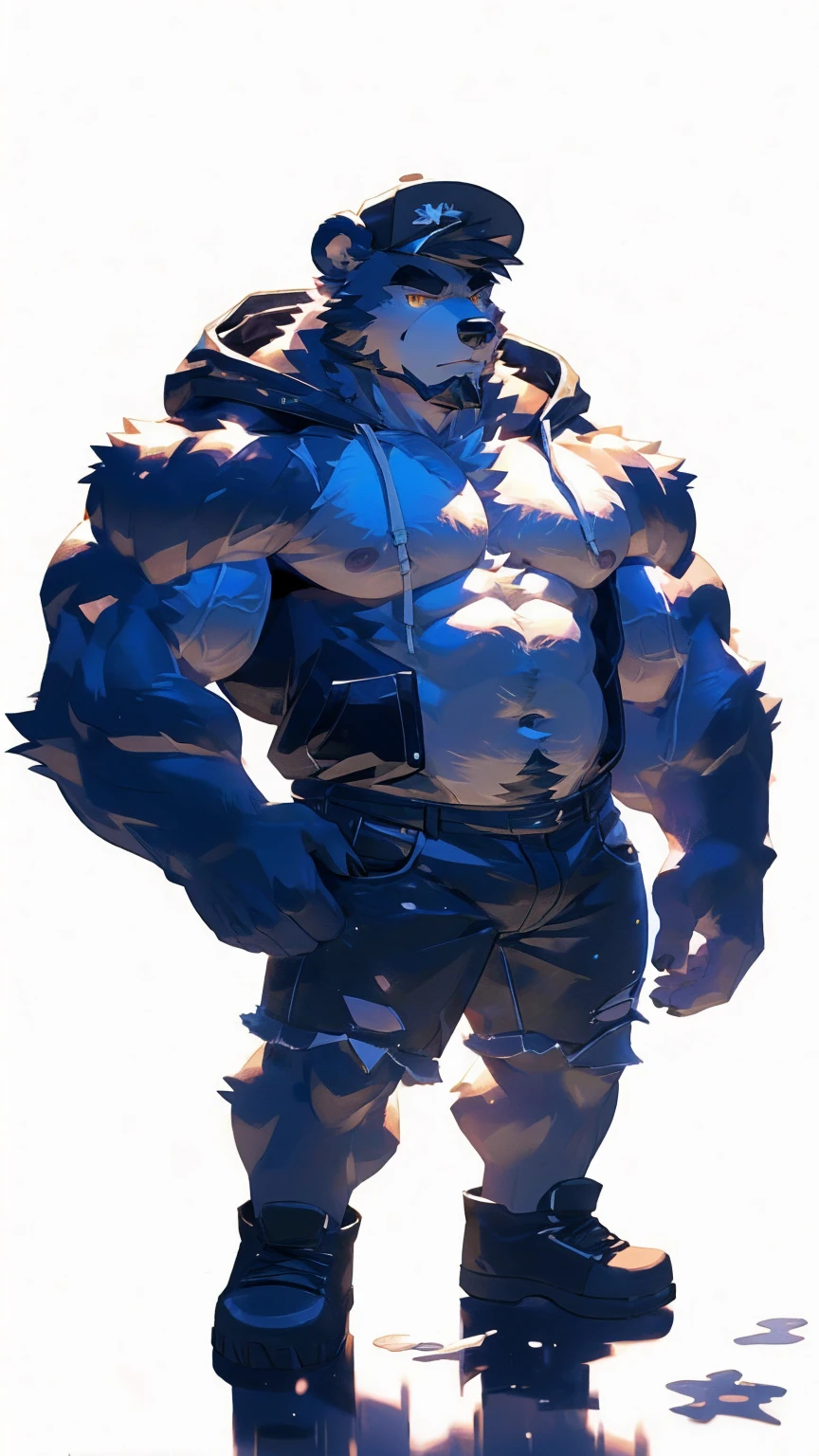 (masterpiece:1.2), best quality,pixiv,official art,perfect anatomy, (Ray tracing, light),solo, (1_male:1.3) , (muscle), (grey fur:1.4), (muscle bear), (beard:1.2), (gleaming golden eyes), bear tail, full body, Thick black eyebrows, baseball cap, (open short hoodie), (naked inside),Ripped short jeans, black short boots, (pure white background: 1.3)