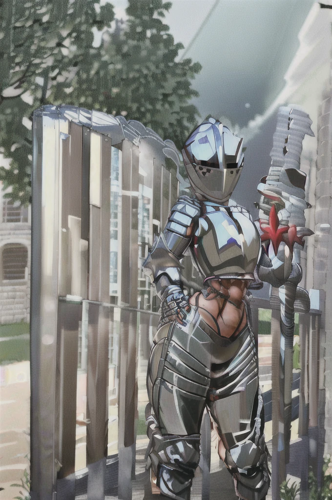 kardia, 1girl, solo, standing, armor, helmet, faceless, knight, visor \(armor\), plume, heart, breastplate, castle, medieval, thigh strap, standing, ((spear, holding spear)), hand on hip, ((hip armor, chainmail, armored dress, full armor, tabard)), facing viewer, looking at viewer