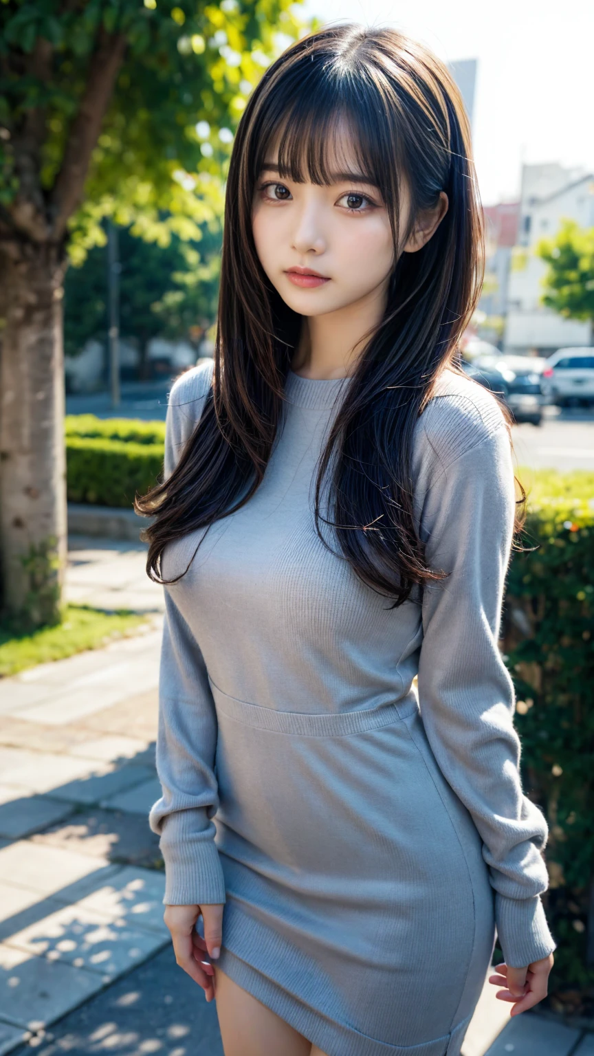 masterpiece, Best Quality, Illustration, Ultra-detailed, finely detail, hight resolution, 8K Wallpaper, Perfect dynamic composition, Beautiful detailed eyes, Tight Mini,Medium Hair,,Natural Color Lip, Randomly sexy poses,Harajuku、20 years girl、Cute、Sexy shot looking at camera,Cute long-sleeved dress,Slender face,Slender body,Background blur