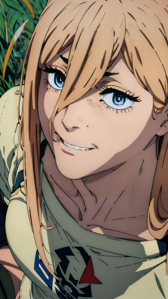 laughing, grass, lawn, looks at the camera, can be seen in full growth (full body 1.1.), , The camera looks down at her, Picture from above, beautiful талия, good feet, ultra sharp image, beautiful figure, beautiful , sharp teeth, ultra detailed face, Ultra transparent, Chainsaw Man Energy, Two red sharp horns on the head, ultra sharp image, very beautiful, . long hair, blonde, beautiful figure, tight clothes, yellow glowing eyes, Red crosses and circles instead of pupils, Beautiful body, sexy clothes, Beautiful eyes, very detailed eyes, Very detailed face, Beautiful body, Chereter Design, Very detailed, detailed body, detailed hands, detailed, Vibrating, detailed Face, sharp focus, clap, Artgerm, anime art, Vibrating, detailed Face, Hugh Details, sharp focus, Very downcast face, Detailed eye, Super lovely illustration, best shadow, finely detail, beautiful detail