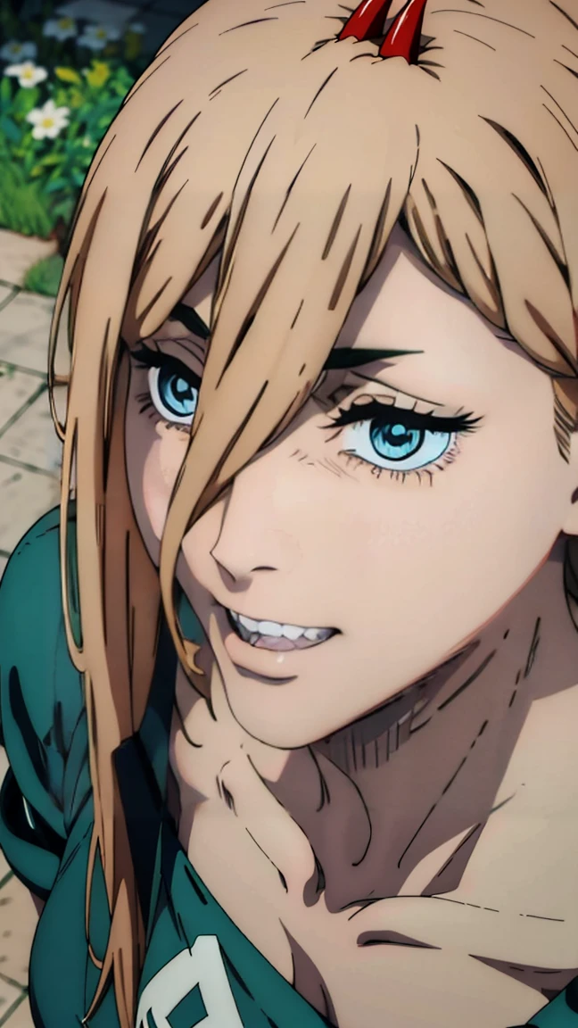 laughing, grass, lawn, looks at the camera, can be seen in full growth (full body 1.1.), , The camera looks down at her, Picture from above, beautiful талия, good feet, ultra sharp image, beautiful figure, beautiful , sharp teeth,  ultra detailed face, Ultra transparent, Chainsaw Man Energy, Two red sharp horns on the head, ultra sharp image, very beautiful, . long hair, blonde, beautiful figure, tight clothes, yellow glowing eyes, Red crosses and circles instead of pupils, Beautiful body, sexy clothes, Beautiful eyes, very detailed eyes, Very detailed face, Beautiful body, Chereter Design, Very detailed, detailed body, detailed hands, detailed, Vibrating, detailed Face, sharp focus, clap, Artgerm, anime art, Vibrating, detailed Face, Hugh Details, sharp focus, Very downcast face, Detailed eye, Super lovely illustration, best shadow, finely detail, beautiful detail