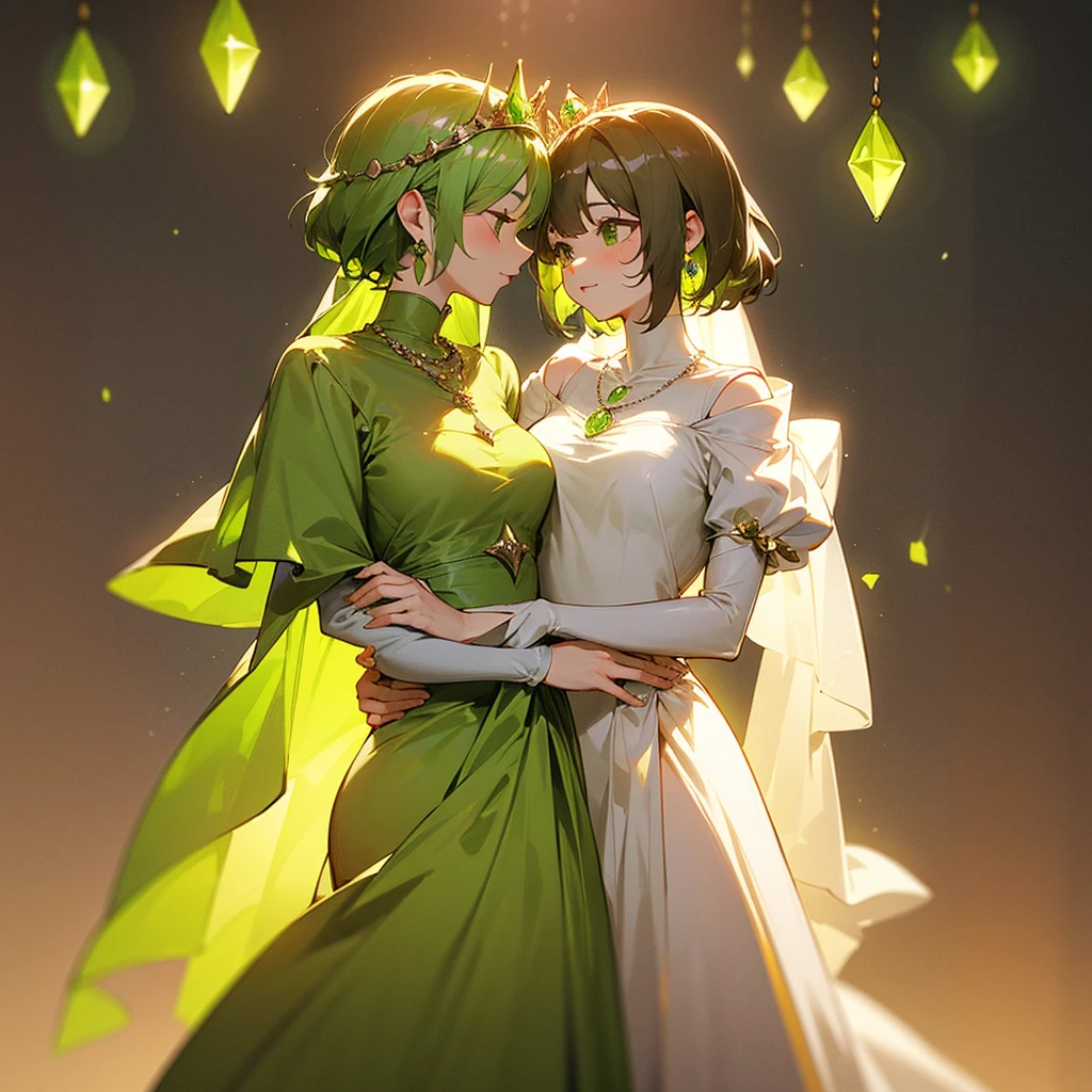 high resolution、Princess of the Peridot Kingdom。Neat and clean、There is an air of adult elegance、A tiara of peridot jewels、Gorgeous Peridot Necklace、Gorgeous pale yellow-green dress、Fantasy、like medieval europe。Overall light yellow-green image