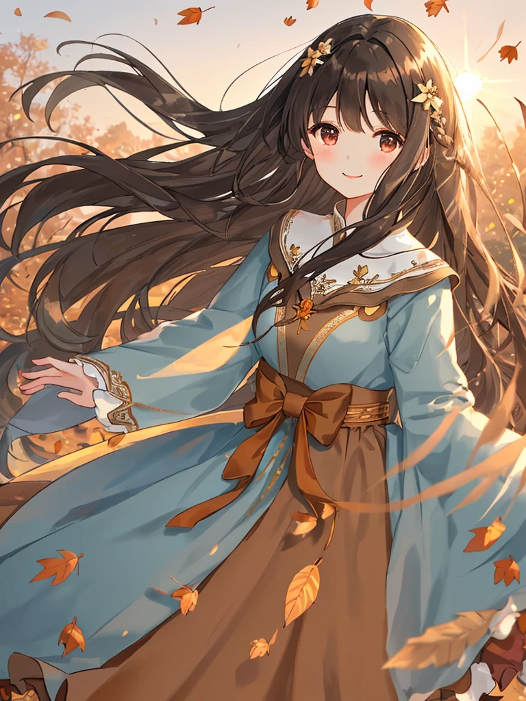 Brown long dress　Pretty girl　Smile with light blue long hair　Black eyes　Photo of partially fallen leaves fluttering　Illuminated by the setting sun、Dress and hair fluttering in the wind　Face Highlights