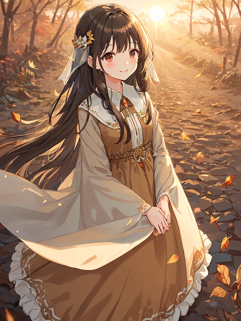 Brown long dress　Pretty girl　Smile with light blue long hair　Black eyes　Photo of partially fallen leaves fluttering　Illuminated by the setting sun、Dress and hair fluttering in the wind　Face Highlights