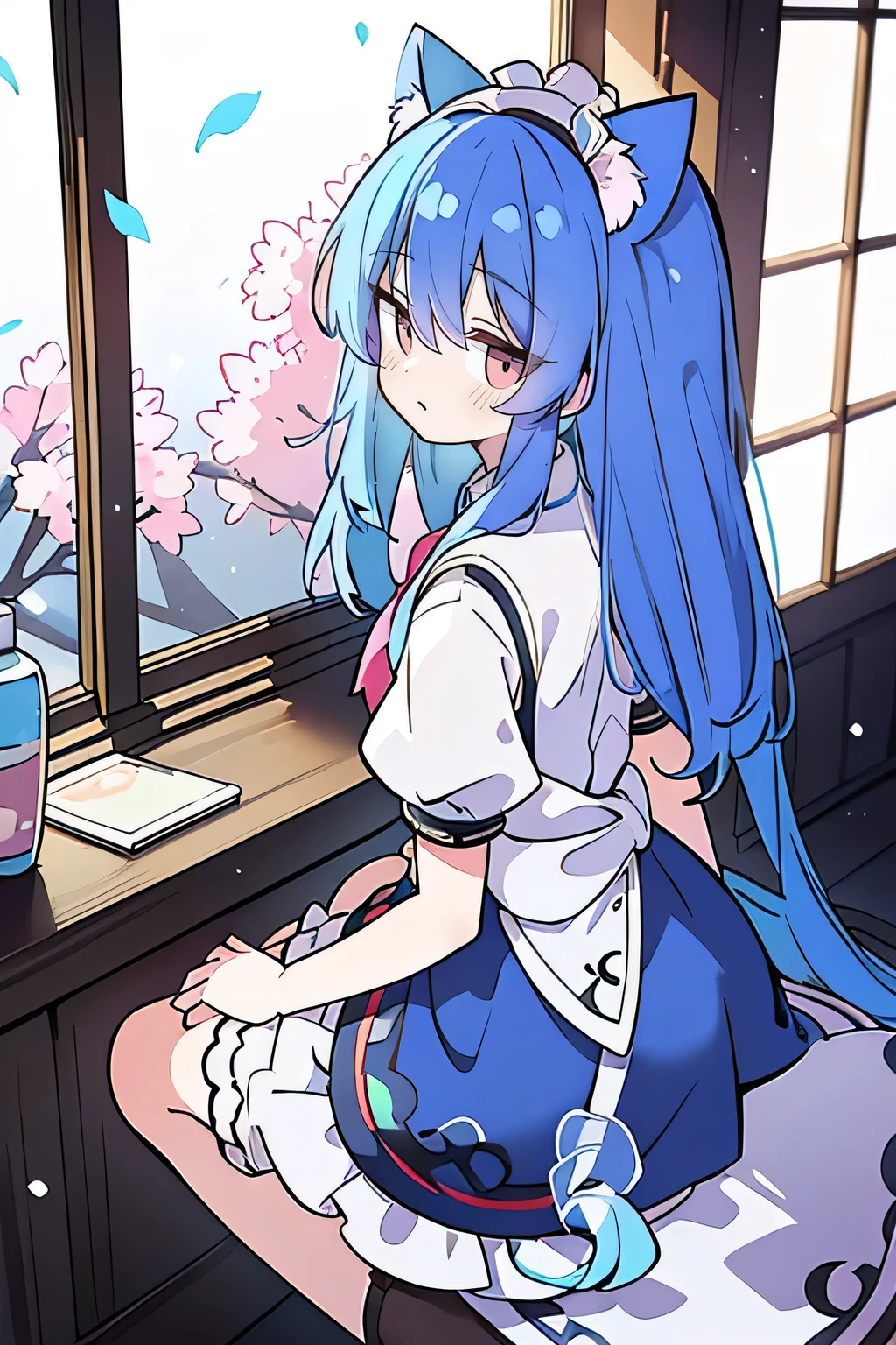 （masterpiece：1.2），Super detailed，lifelike，Expressive eyes，fair skin，perfect face shape，1 girl，
Japanese comics,Gorgeous blue hair,flowing blue hair,flowing clothes,Cat ears,Petals fall,beautiful lola,Baby Angel,
，Cross your legs，Gentle and peaceful background，The pavilion is cool and comfortable,smile, maid outfit, maid，cafes，back views,snowing。 