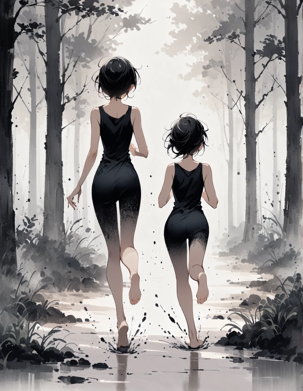 Calligraphic Chinese ink line drawing of a beautiful young woman running barefoot through the forest. in the style of Toshio Saeki. Deep black and splash textures.