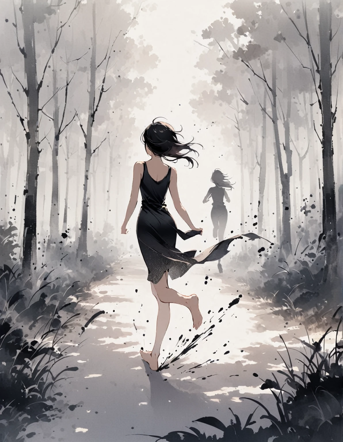 Calligraphic Chinese ink line drawing of a beautiful young woman running barefoot through the forest. in the style of Toshio Saeki. Deep black and splash textures.