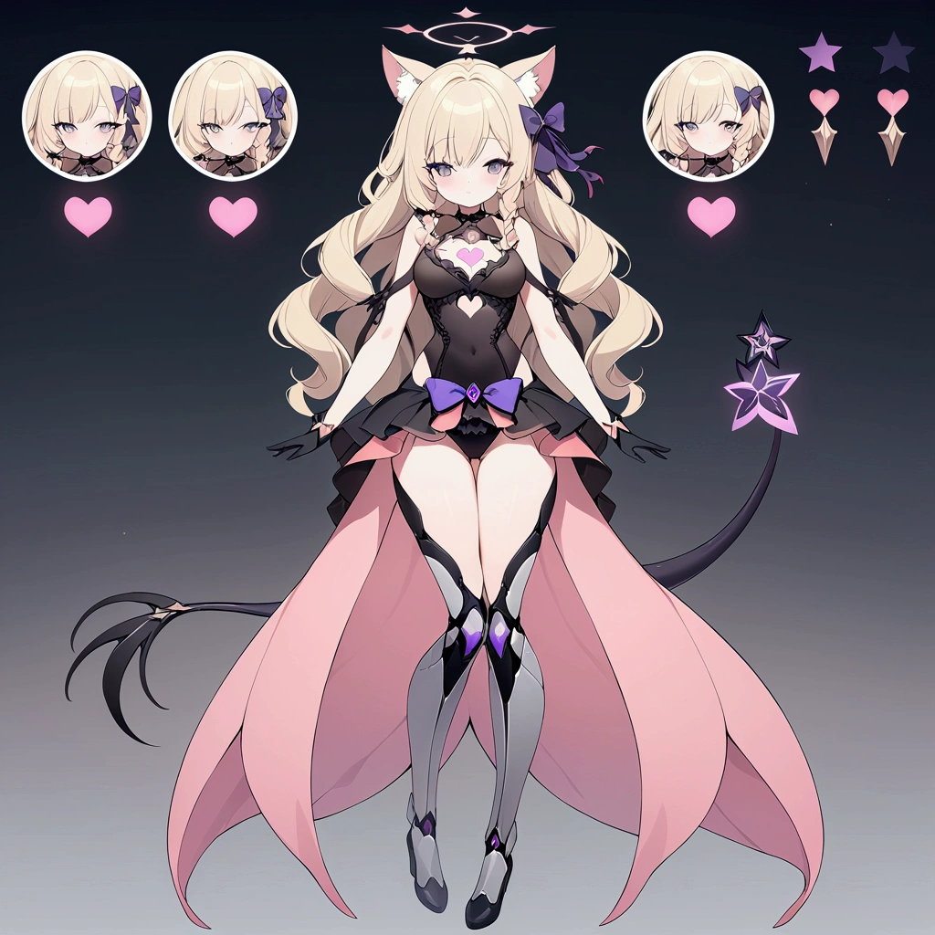 Woman 170cm tall, medium chest, wide hip, slim build. (character design sheet: front view). (blonde hair, hip-length wavy hair styled in large side bangs, She has a short braid tied with an elegant purple bow on the left side of her hair above her chest. She has a short braid tied with an elegant purple bow on the right side of her hair above her chest. She has small ribbons in the back of her hair.). Gray eyes with a purple 4-pointed star in the pupil. Two black and purple serval ears located on the top of the head. Luminous black halo with purple star patterns above his head. black necklace with a heart emblem on the neck. (Elegant one-piece long dress with lace and ruffle skirt, ribbon decorations and star patterns on the dress). black gloves, beautiful black platform heels. gray belt at the waist with a large ribbon with a luminous pink heart in the middle. It has a complex succubus tail with a small purple star at the tip. It has complex mechanical legs that reach up to the thighs and are black with small purple details.. beautiful detailed hair, beautiful detailed dress. extremely detailed arms. extremely detailed face, small face, Beautiful detailed eyes, beautiful detailed lips. adorable. extremely detailed legs. (Best Quality, 4k, high resolution), ultra detailed, Exquisite and epic character art.