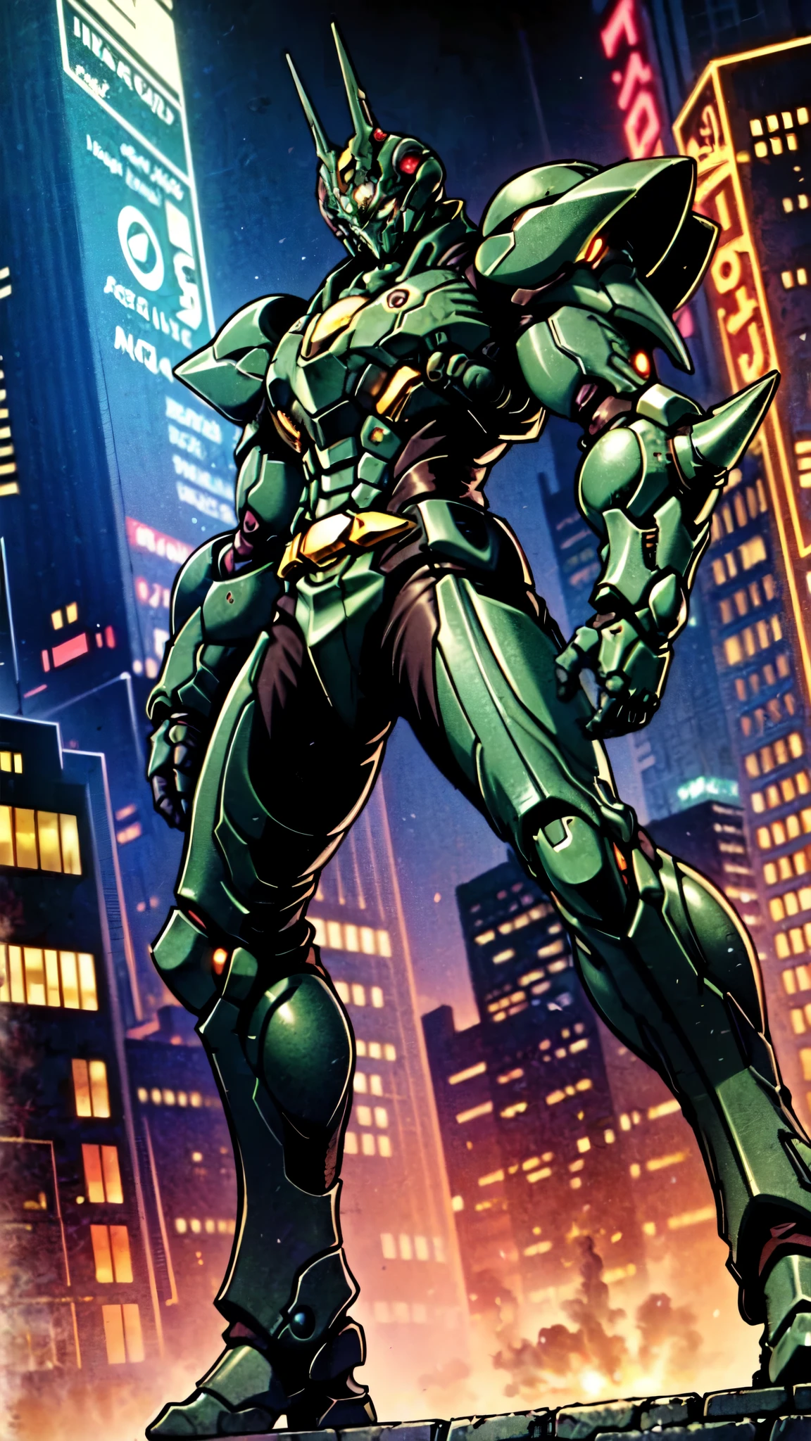 (masterpiece:1.5, best quality:1.5, extremely delicate:1.5, foreshortening:1.5, dynamic angle:1.5), a man wearing a full-face helmet, a fantasy-style biotech armored combat suit, green eyes, (a composite layered chest armor), fully enclosed shoulder guards, matching arm and leg guards, the belt is adorned with neon circuitry, (the color scheme is primarily black glow with green and red accents), the design balances heavy with agility, a high-tech bio-mecha armor, (Armor Concept Inspired by neon Cyberpunk, stand on the top of a skyscraper in a futuristic sci-fi city), this character embodies a finely crafted fantasy-surreal style armored hero in anime style, exquisite and mature manga art style, (element, plasma, energy, the armor glows), ((male:1.5)), metallic, high definition, highres, ultra-detailed, ultra-fine painting, professional, perfect body proportions, golden ratio, anatomically correct, symmetrical face, extremely detailed eyes and face, high quality eyes, creativity, RAW photo, UHD, 32k, Natural light, cinematic lighting, masterpiece-anatomy-perfect