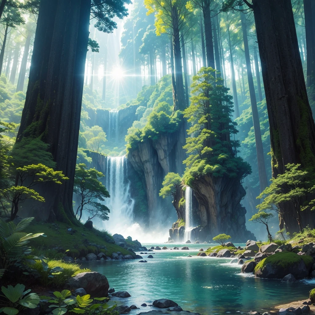 mysteriousな超巨大なトンネルの中に森がある,Giant Tree Forest,There is a huge tree,There is a road in the middle of the forest,Different world,The sunlight from the sun shines on the earth,Colorful,Best Quality,8K,mysterious,Fantasy,Different space,There is a super huge waterfall,There are many different creatures,Nature,romantic,A world beyond imagination,Dream world,universe,Huge river,masterpiece,最高masterpiece,perfection,