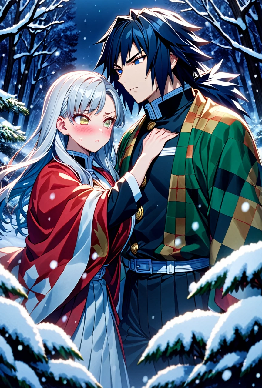 Ultra detailed, high resolution, absurd, HDR, masterpiece, anime girl and boy, beautiful woman (with long white hair with deep red streaks, woman (with yellow eyes), the woman (is wearing a red haori), long hair woman, in black demon slayer corps uniform, Kimetsu No Yaiba, fantasy, handsome, Tomioka Giyu, Hashira, Tomioka haori, Tomioka is serious and worried, couple, night, winter forest, snow, best quality, extremely detailed face, anime, the woman is really sad ,Tomioka is a strong man, the woman is angry, Tomioka Giyu is trying to confort the pretty woman, Tomioka is protecting his lover, the girl is crying