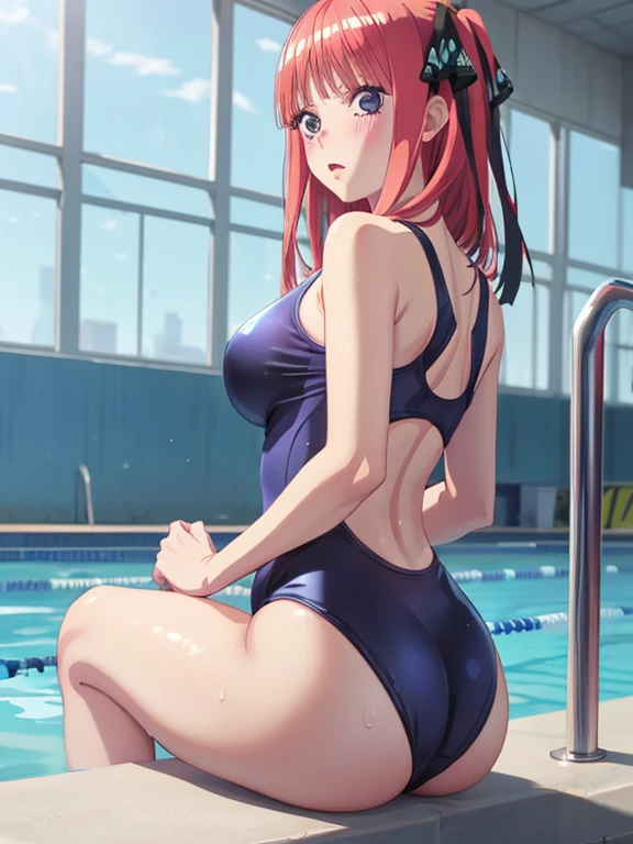 best quality, insanely detailed, nino nakano, one piece swimsuit, school swimsuit, breasts, blush, swimming pool background, back style