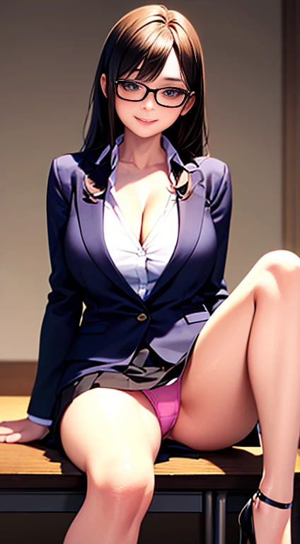 Browsing Caution, (アニメ、Highest quality、Unity 8k wallpaper、32k、masterpiece、Ultra-detailed、Ultra-high resolution、Realistic)、(Natural soft light:1.2)、(Very detailed and complex)、Beautiful face and eyes in every detail、Sharp pupils、Realistic pupils, nipples and breasts、smile、High heels、Woman in skirt and shirt sitting on the desk, office服, on the desk, Sit at a desk, Sitting at a desk,Bent knees、Spread your legs、Spread your legs、Panty shot、 Business casual attire, Sexy、Business Attire,office, At work, Wearing glasses, Fully clothed, business attire, Embarrassing, smile、business suit、Cleavage、Sexy