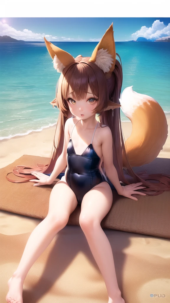 (ultra-high quality), (ultra-high resolution), (Very detail), Adorable girl, slanted eyes, fleshy lips, Small and juvenile build, fox ears and tail, Adorable swimsuits, Beach with a spectacular view, Precisely drawn background, Natural light and shadow