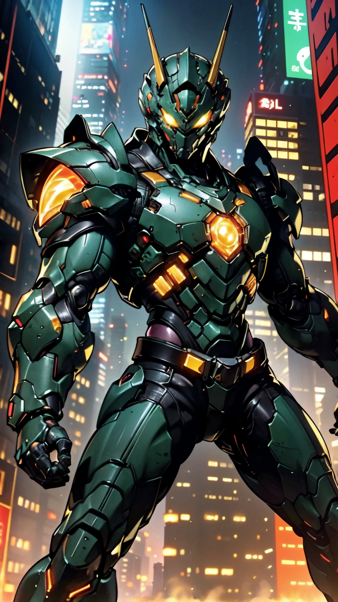 (masterpiece:1.5, best quality:1.5, extremely delicate:1.5, foreshortening:1.5, dynamic angle:1.5), a man wearing a full-face helmet, a fantasy-style biotech armored combat suit, green eyes, (a composite layered chest armor), fully enclosed shoulder guards, matching arm and leg guards, the belt is adorned with neon circuitry, (the color scheme is primarily black glow with green and red accents), the design balances heavy with agility, a high-tech bio-mecha armor, (Armor Concept Inspired by neon Cyberpunk, stand on the top of a skyscraper in a futuristic sci-fi city), this character embodies a finely crafted fantasy-surreal style armored hero in anime style, exquisite and mature manga art style, (element, plasma, energy, the armor glows), ((male:1.5)), metallic, high definition, highres, ultra-detailed, ultra-fine painting, professional, perfect body proportions, golden ratio, anatomically correct, symmetrical face, extremely detailed eyes and face, high quality eyes, creativity, RAW photo, UHD, 32k, Natural light, cinematic lighting, masterpiece-anatomy-perfect