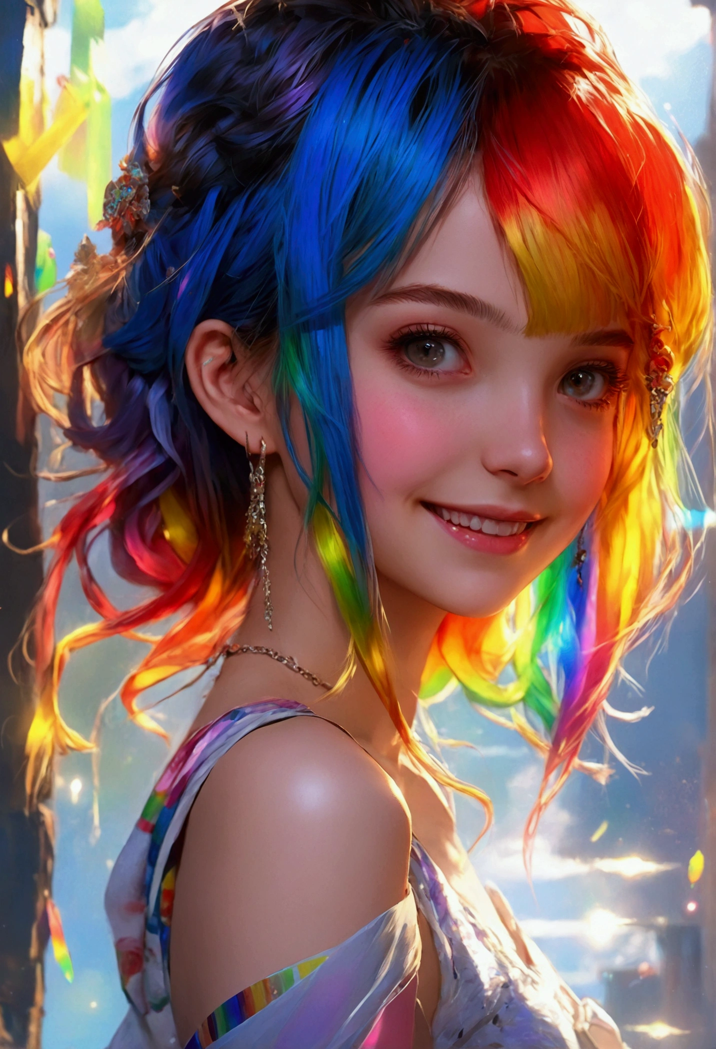 ((best quality)), ((masterpiece)), (detailed), 1girl, , anime girl rainbow hair rainbow dress and cute little smirk or smile so beautiful