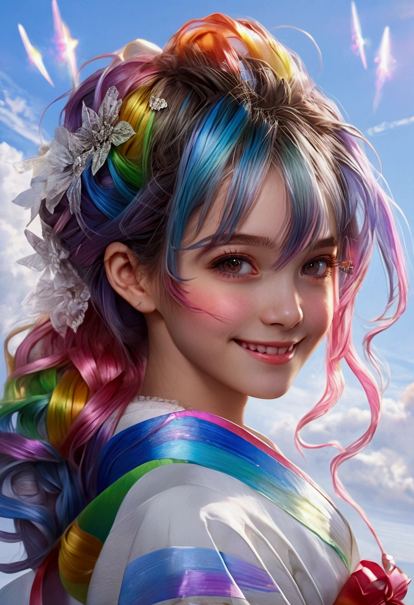 ((best quality)), ((masterpiece)), (detailed), 1girl, , anime girl rainbow hair rainbow dress and cute little smirk or smile so beautiful