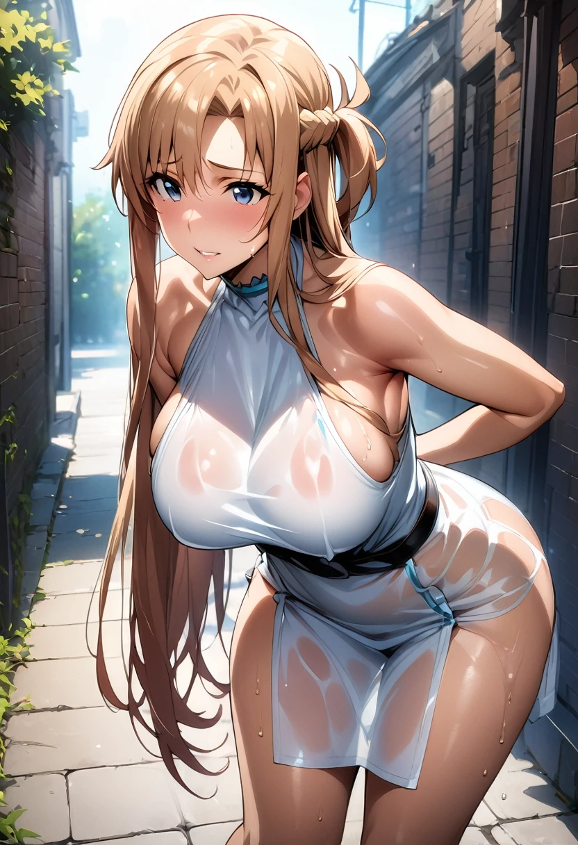 ,to local people, blonde hair, long hair, ribbon. twintails, brown eyes, empty eyes ,nsfw, large breasts, nipple, Walking, , School building　frozen, wet, ,, Naked, Scary smile , (1girl)　Blank look