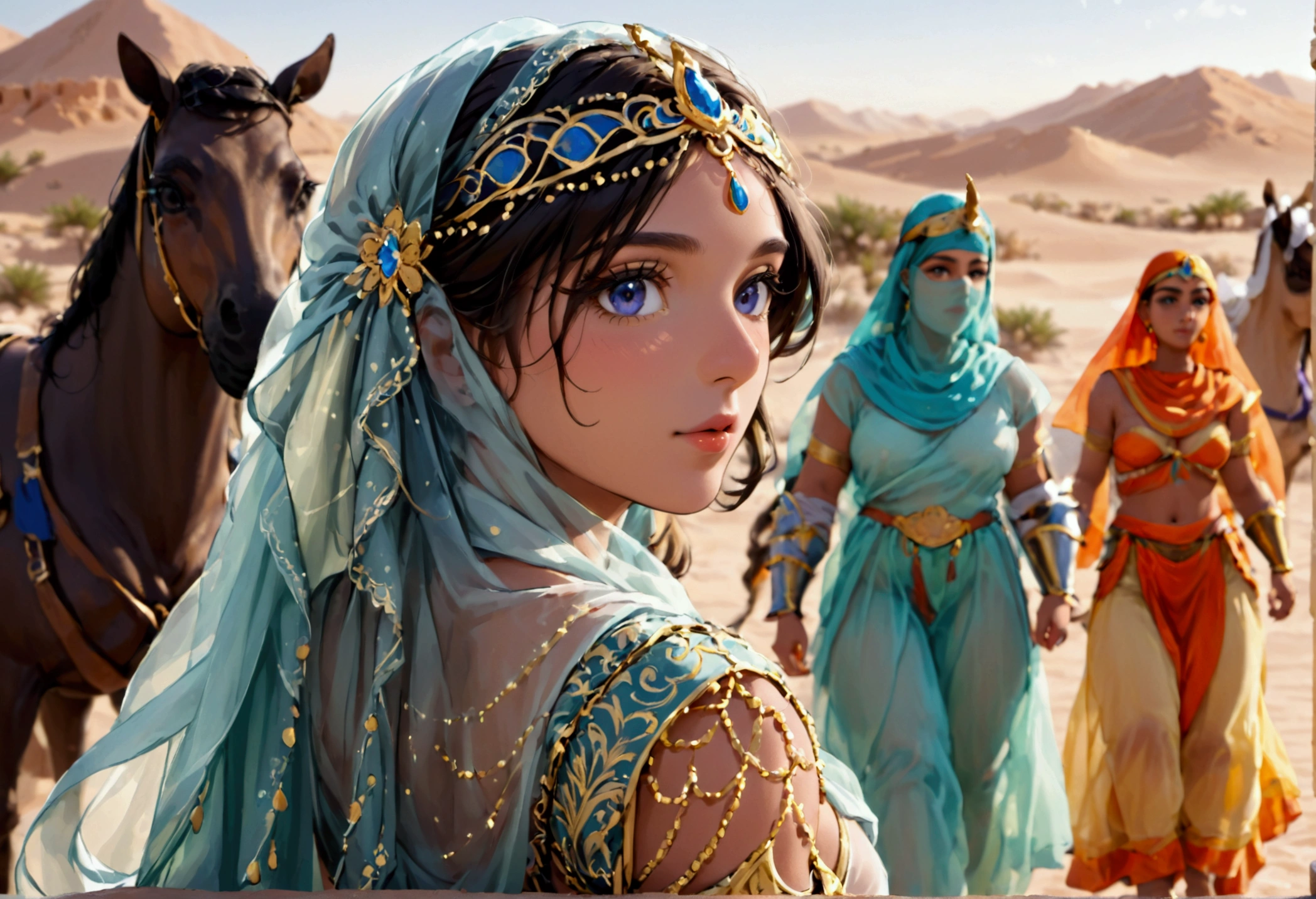 Arabian woman (top model, age 25, many fine layers of airy sheer fabric, Arabian princess) walking through the desert at night. Bodyguards flank her
