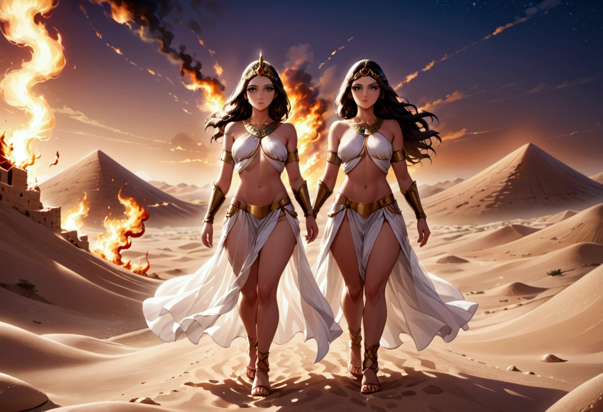 Arabian woman (top model, age 25, many fine layers of airy sheer fabric, Arabian princess) walking through the desert at night. Bodyguards flank her