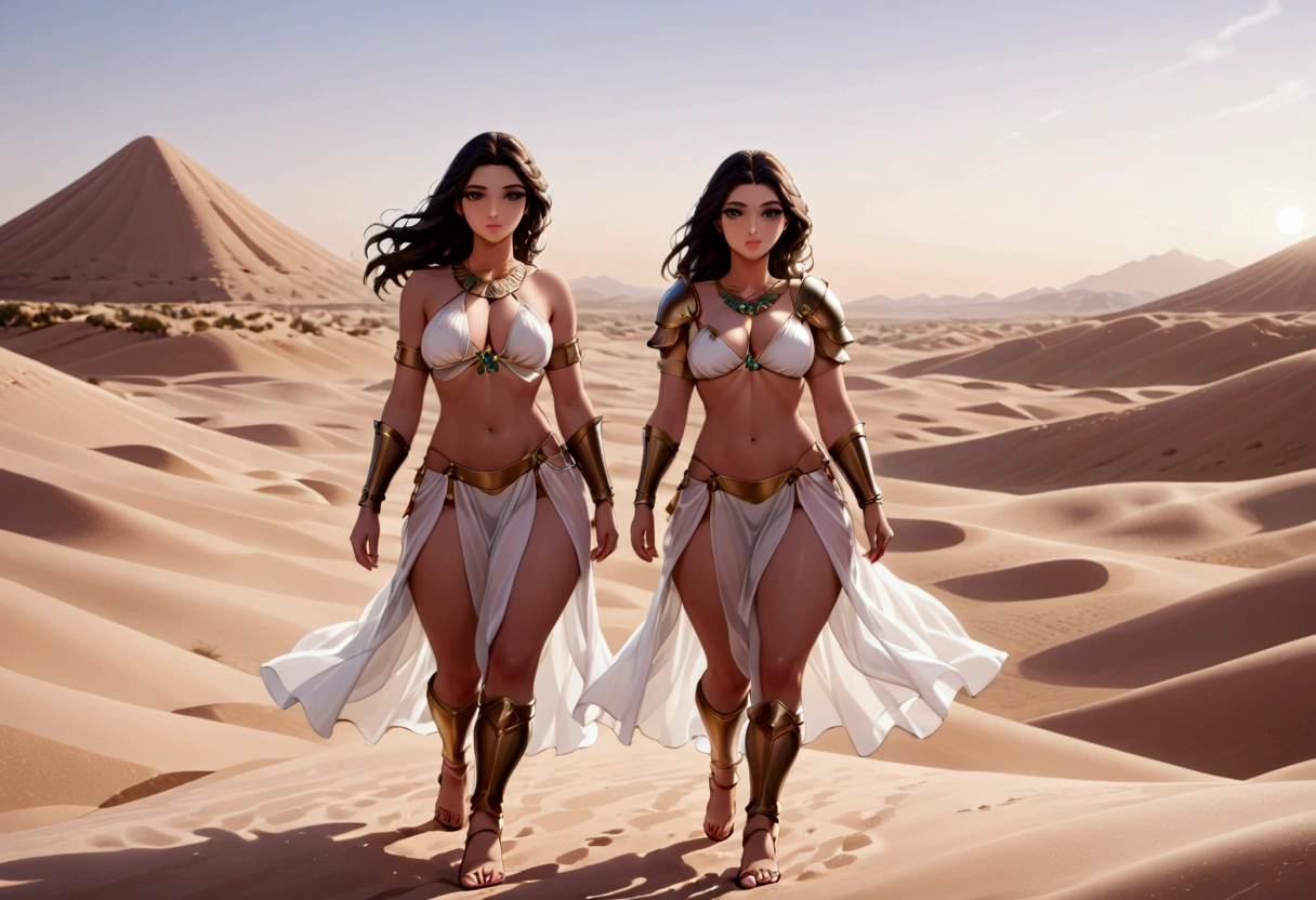 Arabian woman (top model, age 25, many fine layers of airy sheer fabric, Arabian princess) walking through the desert at night. Bodyguards flank her
