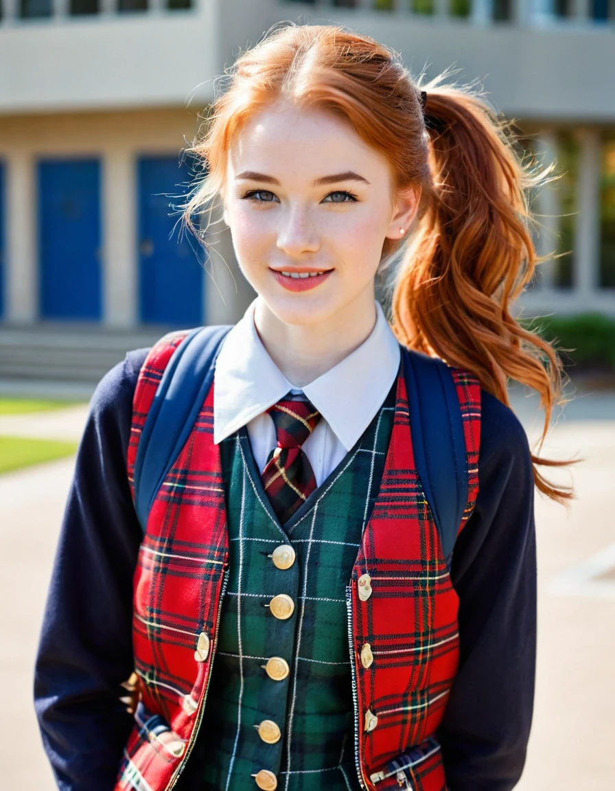 photography full body portrait of very beautiful realistic girl, 15-years-old, standing in front of a high school, carrying backpack, wear fancy uniform with royal Stewart tartan vest, porcelain skin, very fair skin, very pale skin, redhead, wavy, ponytail, detail skin texture, hazel eyes, slanted eyes, small nose, small nostril, think curved eyebrow, thick bottom lip, seductive gaze, happy face, unique face, detail photo, realistic photo, master piece picture, sharp picture, outdoor clear daylight