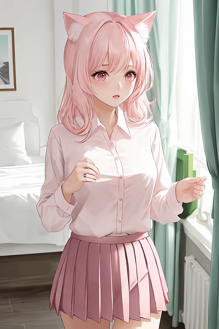 (score_9,score_8_up,score_7_up,score_6_up,score_5_up,score_4_up),masterpiece, top quality, best quality, official art, beautiful and aesthetic, animation, , 1girl with cat ear, perfect figure, pink hair, complicated details, bedroom, play, (white shirt, pink pleated skirt:1.5), female shy ,