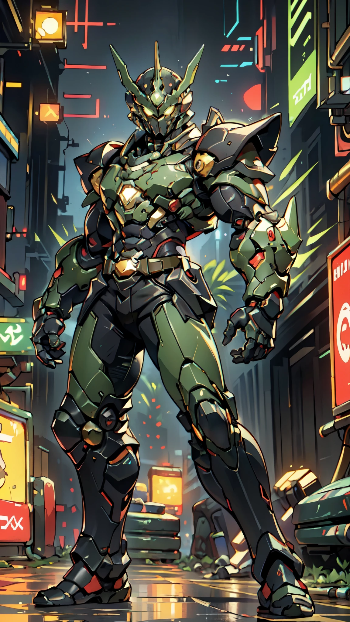 (masterpiece:1.5, best quality:1.5, extremely delicate:1.5, foreshortening:1.5, dynamic angle:1.5), a man wearing a full-face helmet, a fantasy-style biotech armored combat suit, green eyes, (a composite layered chest armor), fully enclosed shoulder guards, matching arm and leg guards, the belt is adorned with neon circuitry, (the color scheme is primarily black glow with green and red accents), the design balances heavy with agility, a high-tech bio-mecha armor, (Armor Concept Inspired by neon Cyberpunk, stand on the top of a skyscraper in a futuristic sci-fi city), this character embodies a finely crafted fantasy-surreal style armored hero in anime style, exquisite and mature manga art style, (element, plasma, energy, the armor glows), ((male:1.5)), metallic, high definition, highres, ultra-detailed, ultra-fine painting, professional, perfect body proportions, golden ratio, anatomically correct, symmetrical face, extremely detailed eyes and face, high quality eyes, creativity, RAW photo, UHD, 32k, Natural light, cinematic lighting, masterpiece-anatomy-perfect