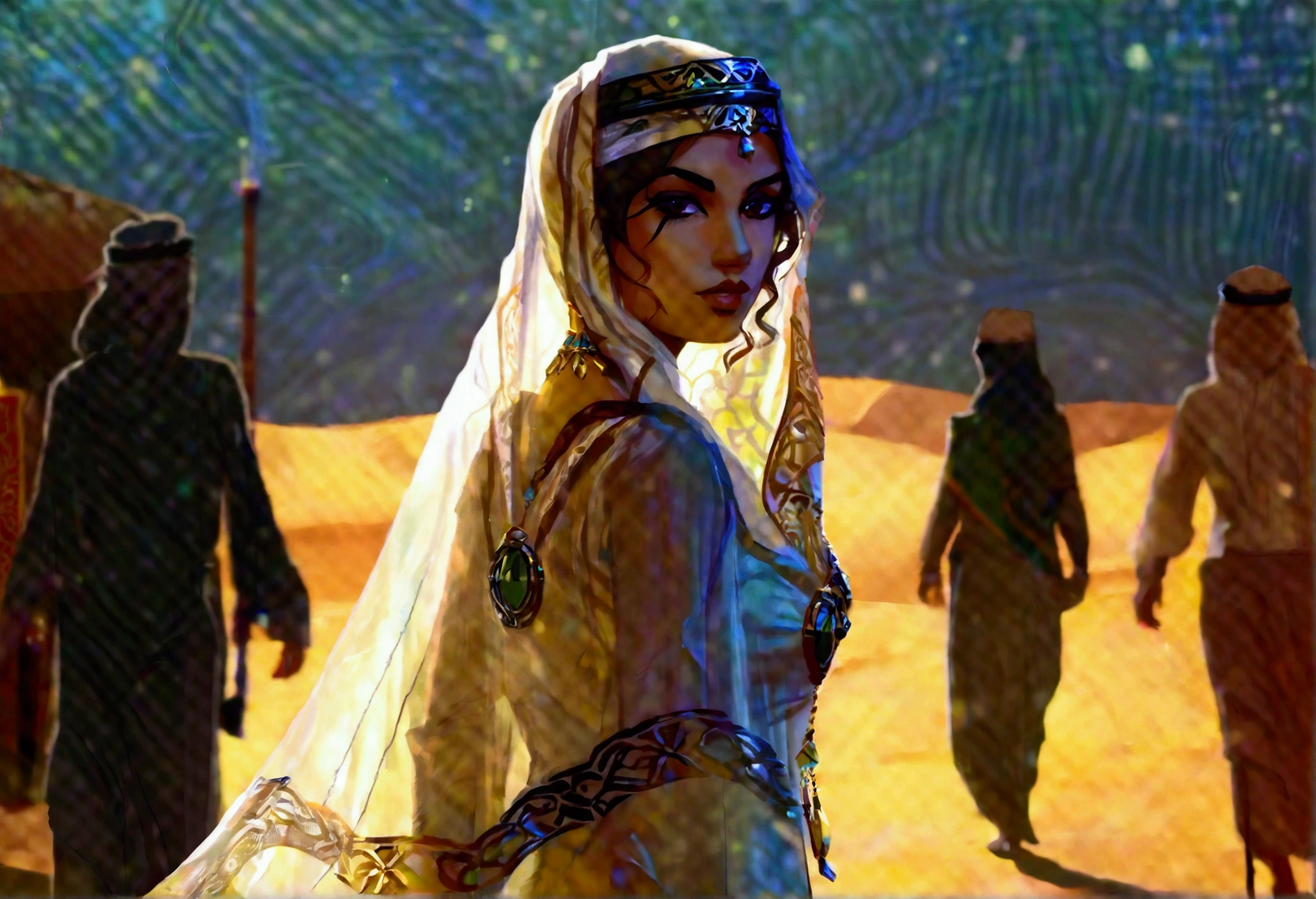 Arabian woman (top model, age 25, many fine layers of airy sheer fabric, Arabian princess) walking through the desert at night. Bodyguards flank her