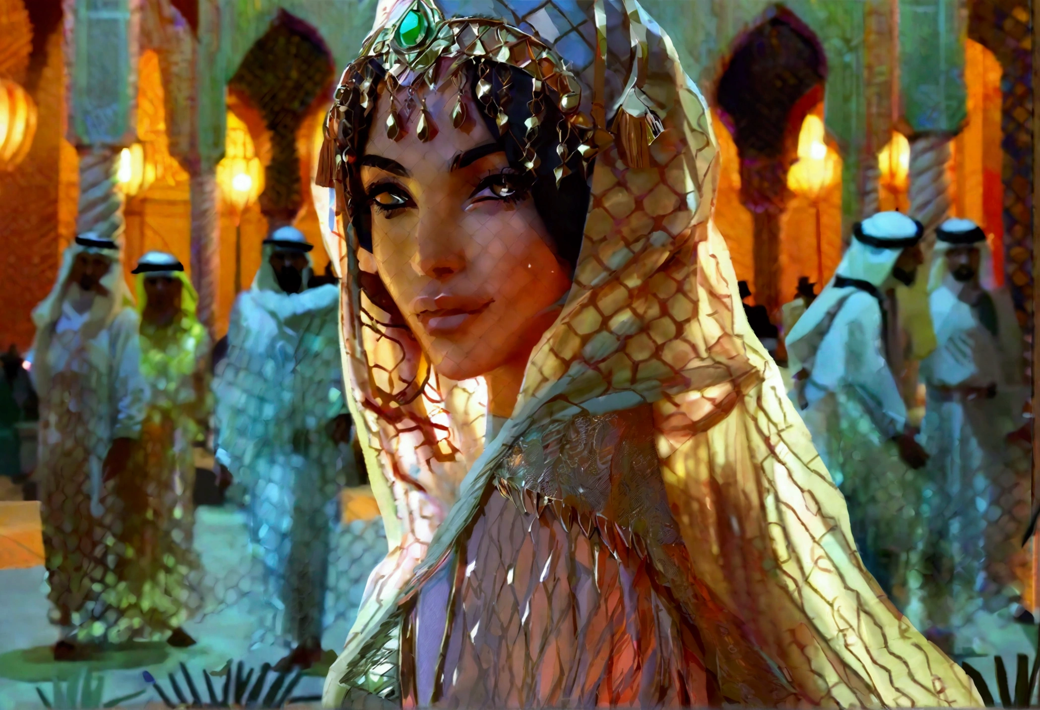 Arabian woman (top model, age 25, many fine layers of airy sheer fabric, Arabian princess) walking through the desert at night. Bodyguards flank her
