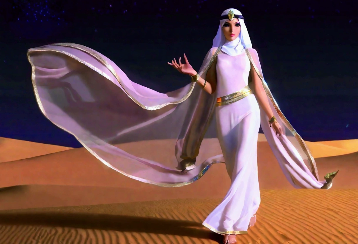 Arabian woman (top model, age 25, many fine layers of airy sheer fabric, Arabian princess) walking through the desert at night. Bodyguards flank her