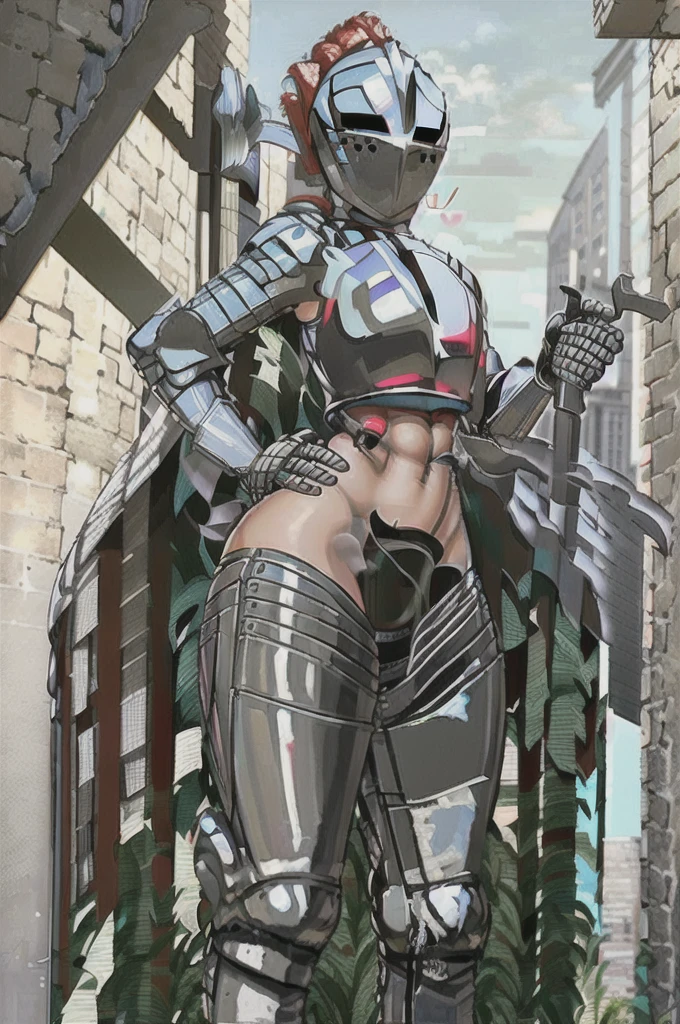 kardia, 1girl, solo, standing, armor, helmet, faceless, knight, visor \(armor\), plume, heart, breastplate, castle, medieval, thigh strap, standing, ((spear, holding spear)), hand on hip, ((hip armor, chainmail, armored dress, full armor, tabard)), facing viewer, looking at viewer