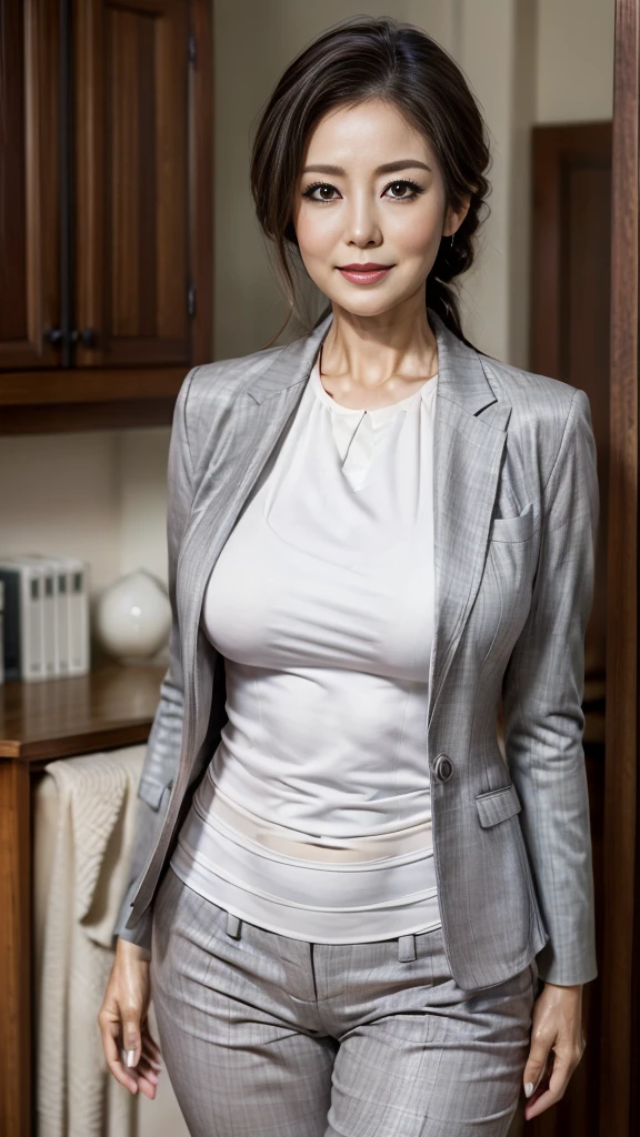 (highest quality,8K,masterpiece,40 years,Mature Woman,Pure white skin, ((Full body photography:0.85))、
Full breasts,huge breasts、　((White collared blouse))、((Grey tailored jacket))、Grey pantsuit、Brown medium wave、
,A gentle smile、A gaze that seduces viewers、In-house offices、