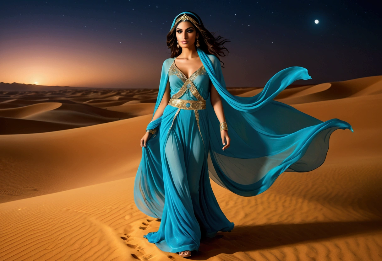 Arabian woman (top model, age 25, many fine layers of airy sheer fabric, Arabian princess) walking through the desert at night. Bodyguards flank her