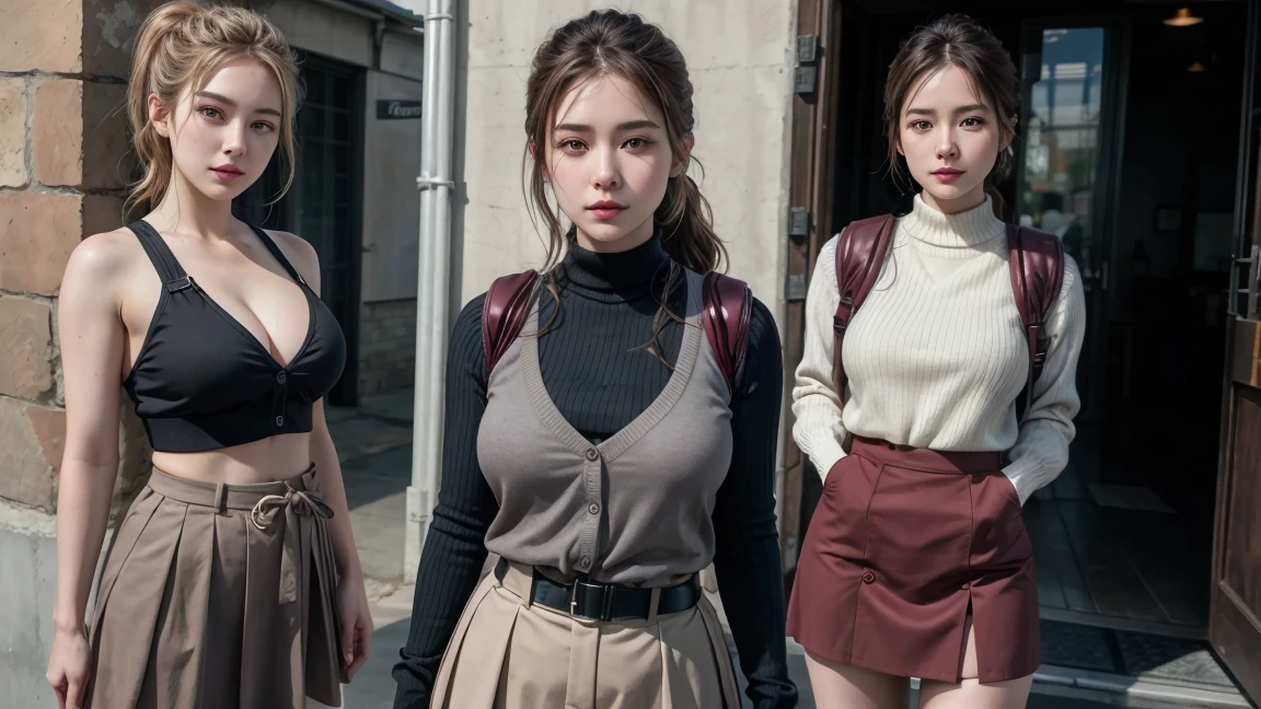 3 women, ((best quality)), realistic, ภาพrealistic, realistic, high resolution, เด็กผู้หญิง 1 คนกำลังเล็งgunไรเฟิลจู่โจม, beautiful, Young face, 20 years old, white skin, Pale skin, big breasts, big breast, Fighting posture, looking at camera, (detailed face), gray hair ponytail, sexy body, (Wear a cardigan and maroon skirt., tactical vest, Military Harness, black gloves, High-tech headset), The color of the fabric is based on red-brown.), revealing thighs, gun, Fingers blocked, concrete coffee shop background，low cut,