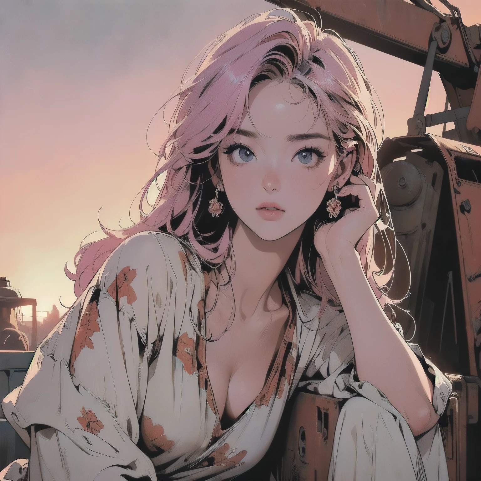 mechanical、Abandoned Factory、Atrium、((((Sunset)))、(((Rusty heavy equipment)))、(((Perfect Woman)))、Beautiful woman、Woman sitting、(((Detailed face)))、Detailed Hair、Flat Chest、White dress、(((The most beautiful face)))、(((Beauty)))、Faint lighting、highlight、Sparkling Eyer.々Angle、(((Cowboy Shot)))、Pink Hair Color