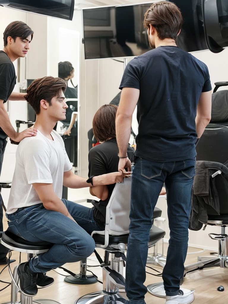A behind-the-scenes image of a drama would show the actor sitting in a chair with his back to a hairdresser in the drama scene