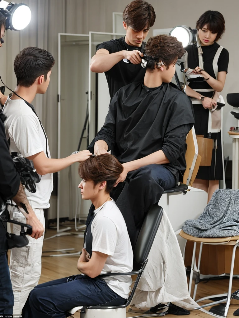 A behind-the-scenes image of a drama would show the actor sitting in a chair with his back to a hairdresser in the drama scene