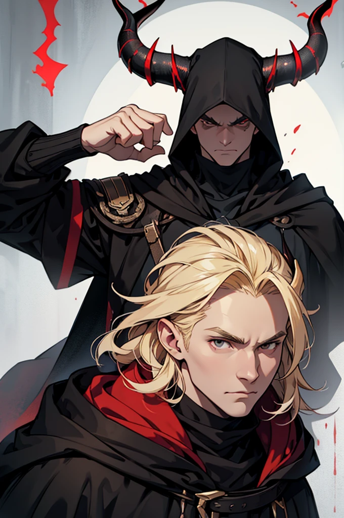 man, small red horns, black eyes, imposing face, blond hair, with black cloak with hood on his head