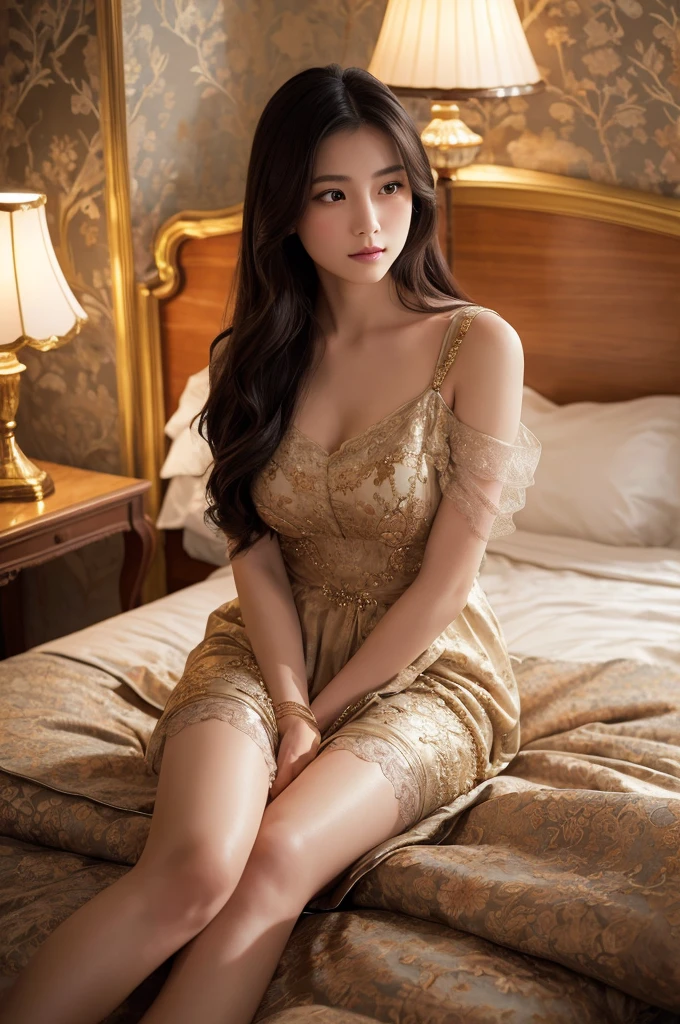 A beautiful Japanese girl is depicted in a vertical, ultra-realistic illustration, sitting on a luxurious bed in an elegantly decorated room. She has long, flowing dark hair and wears a delicate, thin-fabric outfit that accentuates her graceful figure. Her pose is relaxed yet slightly vulnerable, with her legs folded and her hands resting on the bed in front of her. Her expression is gentle and contemplative.

The background features a classic, ornate bedroom with intricate wallpaper, a vintage lamp, and an antique headboard, adding to the sophisticated ambiance. The artist employs digital painting techniques to achieve high detail and realism, particularly in the textures of her hair, the fabric of her outfit, and the rich details of the room. The soft, diffused lighting enhances the serene and intimate atmosphere of the scene.