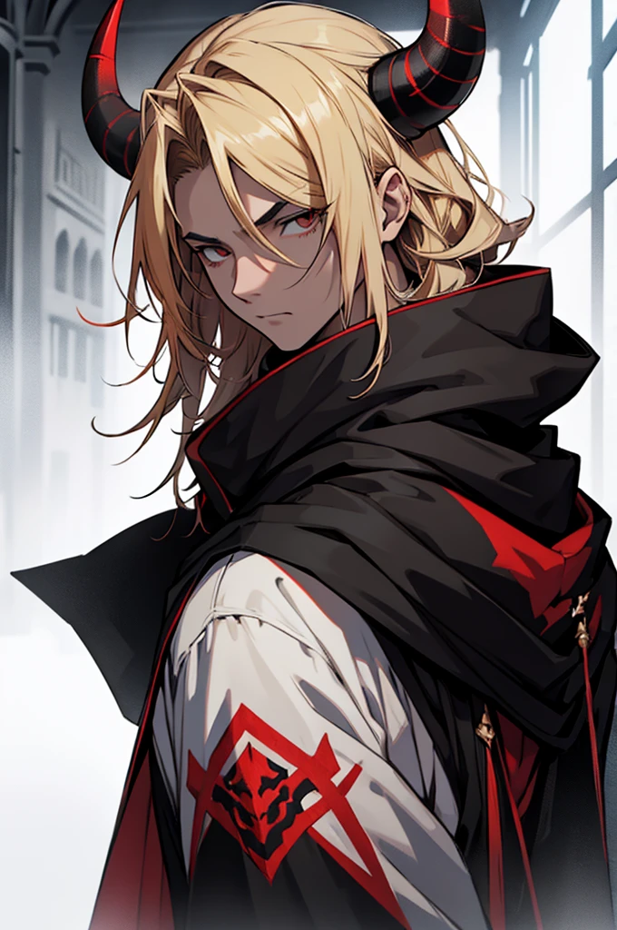 man, small red horns, black eyes, imposing face, blond hair, with black cloak with hood on his head