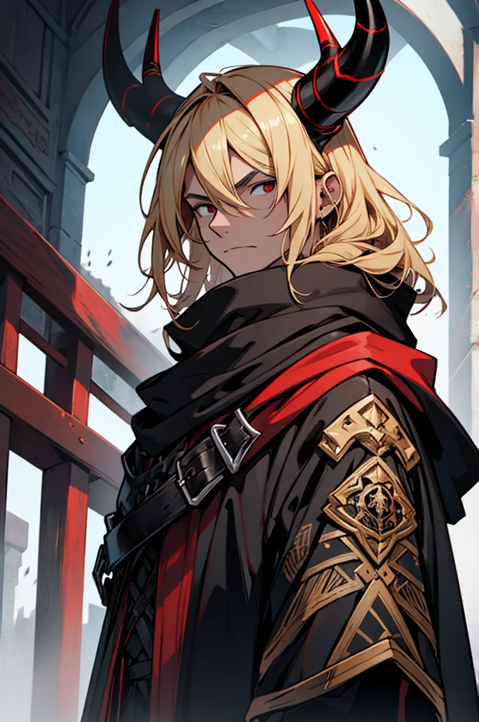 man, small red horns, black eyes, imposing face, blond hair, with black cloak with hood on his head