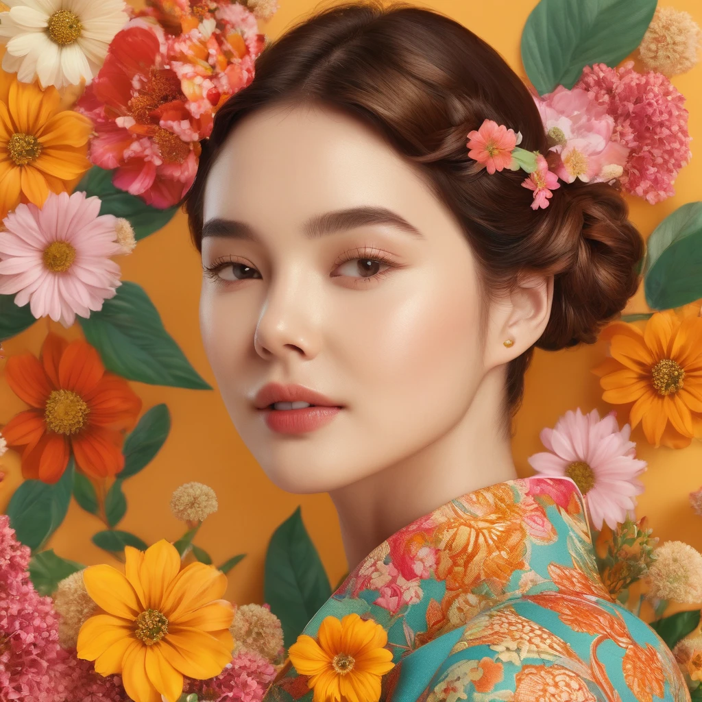 young lady, detailed face, detailed skin, Aesthetic Flowers, retro design pattern, multi-color, simple background, (8K, RAW photo, best quality, masterpiece:1.2), (realistic, photo-realistic:1.37)
