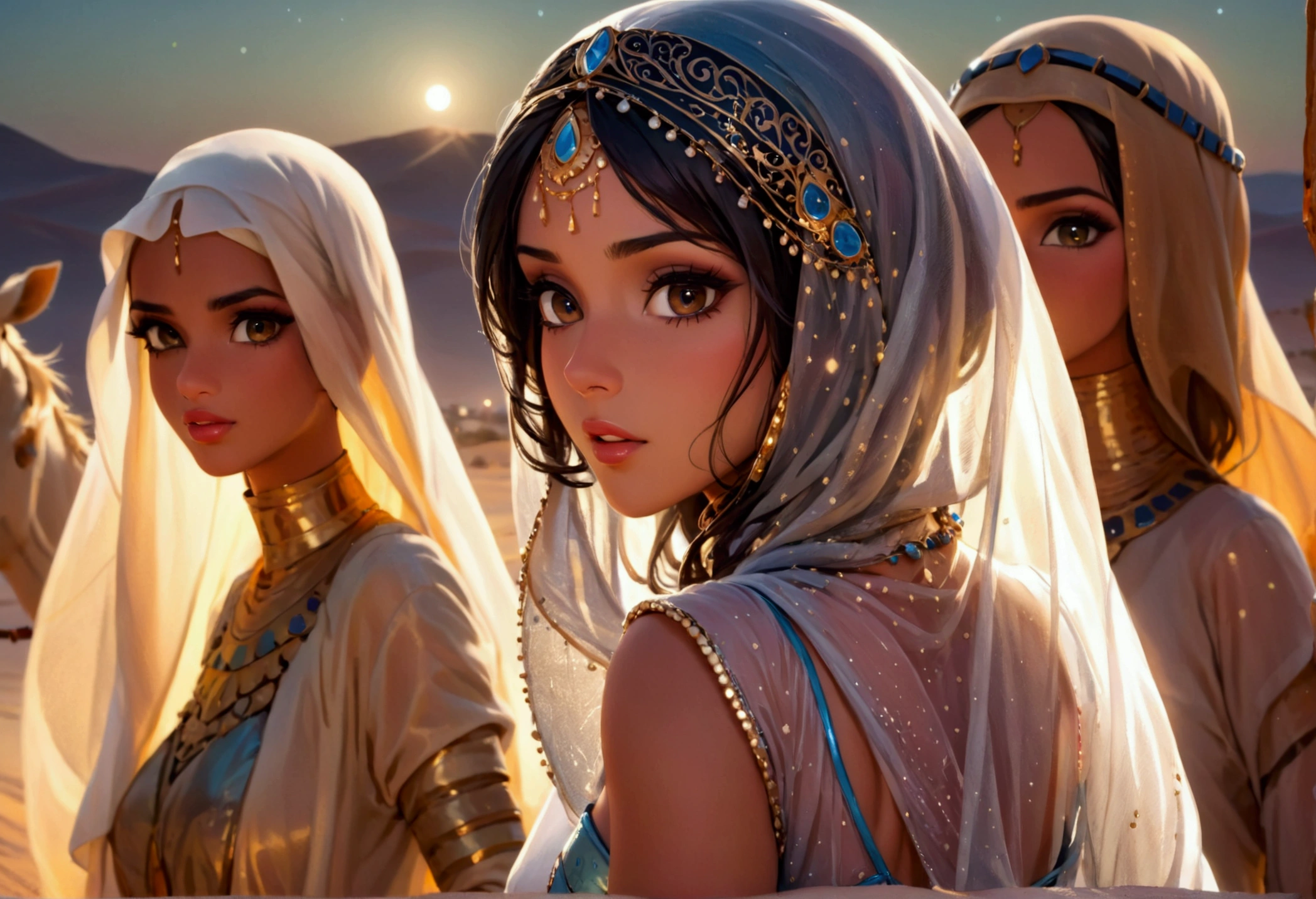 Arabian woman (top model, age 25, many fine layers of airy sheer fabric, Arabian princess) walking through the desert at night. Bodyguards flank her
