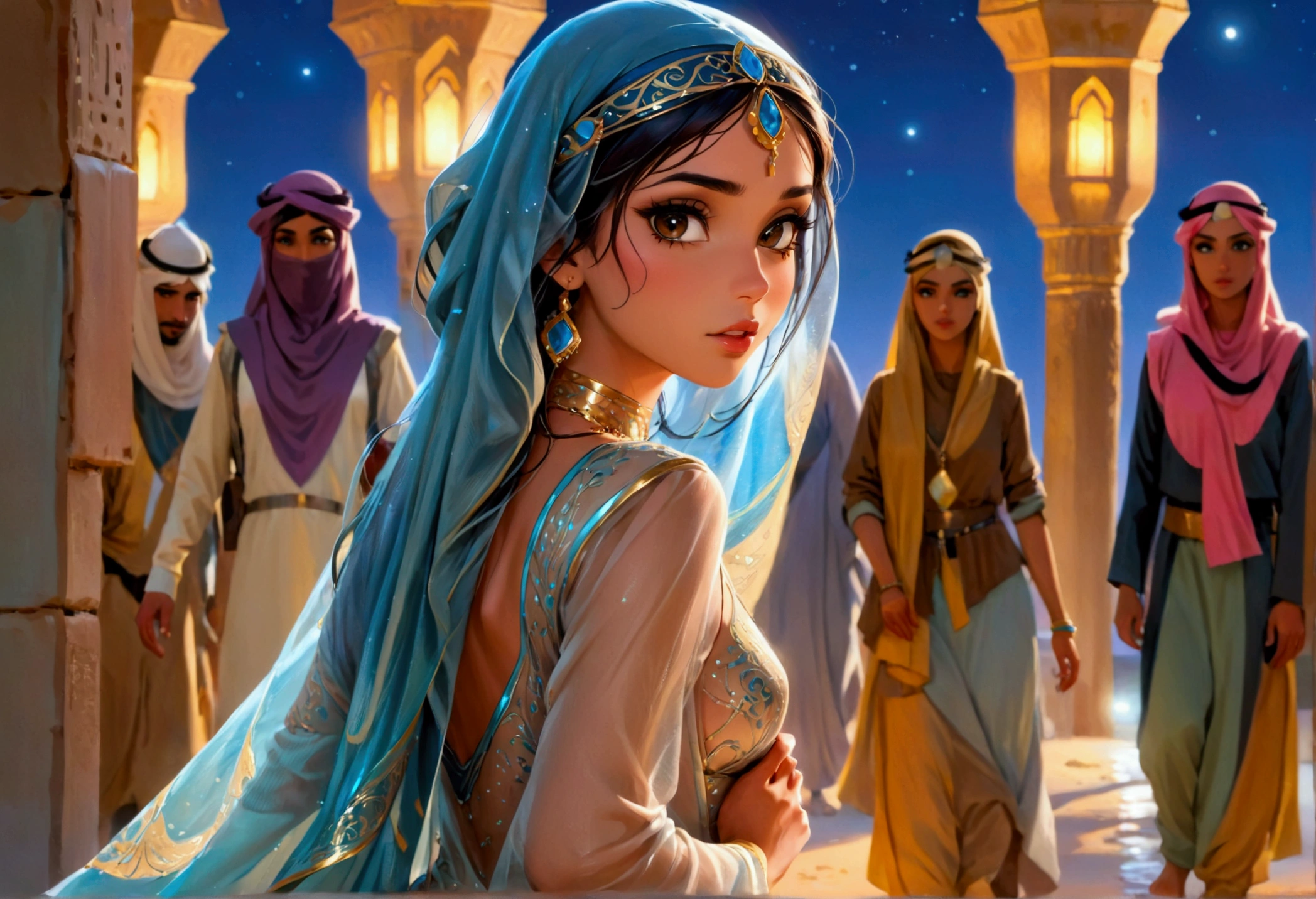 Arabian woman (top model, age 25, many fine layers of airy sheer fabric, Arabian princess) walking through the desert at night. Bodyguards flank her